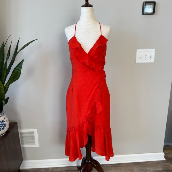 Bardot Zoe Ruffle Faux Wrap Ruffle Trim Dress - Orange - Picture 5 of 11